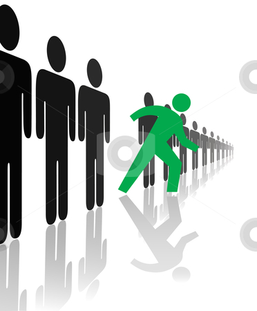 To use this stock image in your creative project, please select the size you need over to the right and click the "Add to Cart" button.
Your downloaded image will come with the Cutcaster watermark removed so don’t worry about the watermark you see on this page. Bold Symbol Person Steps Out Of Line with reflections stock vector clipart, A bold green symbol person steps forward out line from the crowd, with reflections. by Michael Brown