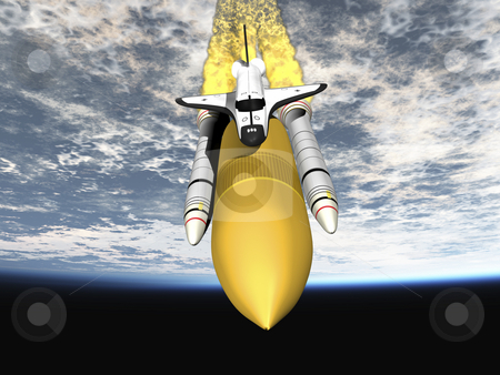 To use this stock image in your creative project, please select the size you need over to the right and click the "Add to Cart" button.
Your downloaded image will come with the Cutcaster watermark removed so don’t worry about the watermark you see on this page. Space shuttle stock photo, Shuttle leaving earth 3d render - front view. by John Teeter