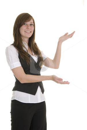 To use this stock image in your creative project, please select the size you need over to the right and click the "Add to Cart" button.
Your downloaded image will come with the Cutcaster watermark removed so don’t worry about the watermark you see on this page. Young business lady indicating stock photo, Young lady in black and white business attire on white background, indicating and smiling. by Nicolaas Traut