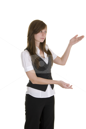 To use this stock image in your creative project, please select the size you need over to the right and click the "Add to Cart" button.
Your downloaded image will come with the Cutcaster watermark removed so don’t worry about the watermark you see on this page. Young business lady indicating stock photo, Young lady in black and white business attire on white background, indicating and smiling. by Nicolaas Traut