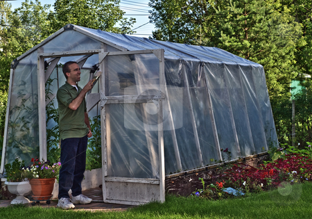 To use this stock image in your creative project, please select the size you need over to the right and click the "Add to Cart" button.
Your downloaded image will come with the Cutcaster watermark removed so don’t worry about the watermark you see on this page. Painter stock photo, A young male painting a personal greenhouse white by Richard Nelson