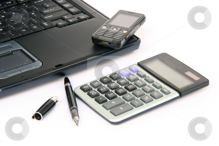 To use this stock image in your creative project, please select the size you need over to the right and click the "Add to Cart" button.
Your downloaded image will come with the Cutcaster watermark removed so don’t worry about the watermark you see on this page. Business stock photo, Laptop detail with pen cellphone and calculator isolated on white background by EVANGELOS THOMAIDIS