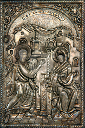 To use this stock image in your creative project, please select the size you need over to the right and click the "Add to Cart" button.
Your downloaded image will come with the Cutcaster watermark removed so don’t worry about the watermark you see on this page. Byzantine icon stock photo, Greek byzantine silver icon religius concepts Virgin Mary announced?by the angel that is going to birth the sun of god by EVANGELOS THOMAIDIS