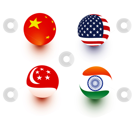 To use this stock image in your creative project, please select the size you need over to the right and click the "Add to Cart" button.
Your downloaded image will come with the Cutcaster watermark removed so don’t worry about the watermark you see on this page. Spherical Flags stock vector clipart, Spherical illustration of flags of China, USA, Singapore, India by Stephanie Soon