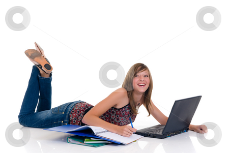 To use this stock image in your creative project, please select the size you need over to the right and click the "Add to Cart" button.
Your downloaded image will come with the Cutcaster watermark removed so don’t worry about the watermark you see on this page. Teenager girl student stock photo, Attractive teenager girl student with laptop, casual dressed, Studio shot, white background by Patrick Hermans
