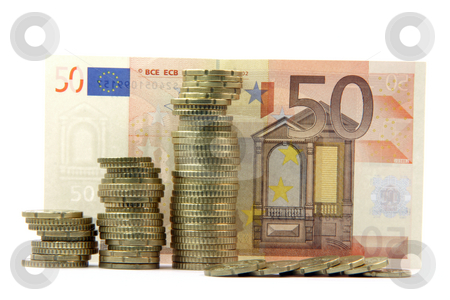 To use this stock image in your creative project, please select the size you need over to the right and click the "Add to Cart" button.
Your downloaded image will come with the Cutcaster watermark removed so don’t worry about the watermark you see on this page. European money isolated stock photo, Europian money piles of coins and fifty euro bancknote background isolated business and finance by EVANGELOS THOMAIDIS
