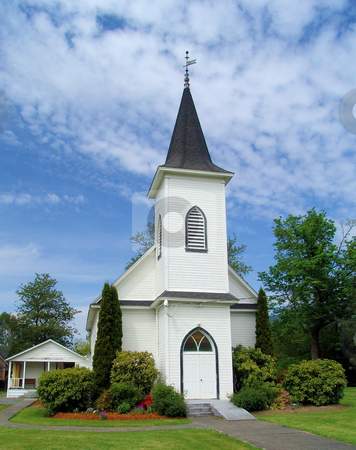 To use this stock image in your creative project, please select the size you need over to the right and click the "Add to Cart" button.
Your downloaded image will come with the Cutcaster watermark removed so don’t worry about the watermark you see on this page. White Church stock photo, Front view of a country church with blue sky and light fluffy clouds. by Steve Stedman