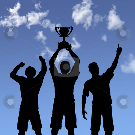 To use this stock image in your creative project, please select the size you need over to the right and click the "Add to Cart" button.
Your downloaded image will come with the Cutcaster watermark removed so don’t worry about the watermark you see on this page. Trophy Celebration Silhouettes on Sky stock photo, ILLUSTRATION: Silhouettes of team players win a trophy and celebrate business victory against a blue sky. by Michael Brown