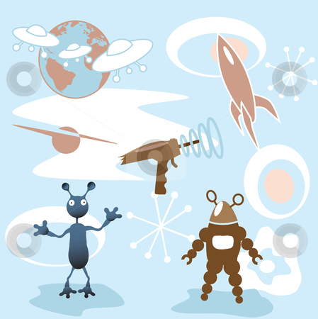 To use this stock image in your creative project, please select the size you need over to the right and click the "Add to Cart" button.
Your downloaded image will come with the Cutcaster watermark removed so don’t worry about the watermark you see on this page. Retro 50's Outer Space Set stock vector clipart, A collection of retro futuristic 50's outer space elements: rocket; blaster; mars attack; robot; more. by Michael Brown