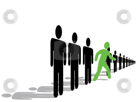 To use this stock image in your creative project, please select the size you need over to the right and click the "Add to Cart" button.
Your downloaded image will come with the Cutcaster watermark removed so don’t worry about the watermark you see on this page. Bold Symbol Person Steps Out Of Line stock vector clipart, A bold green symbol person steps forward out line from the crowd, with reflections. by Michael Brown