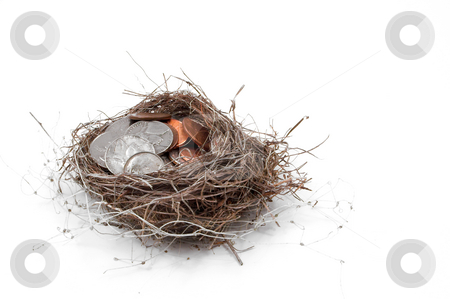 To use this stock image in your creative project, please select the size you need over to the right and click the "Add to Cart" button.
Your downloaded image will come with the Cutcaster watermark removed so don’t worry about the watermark you see on this page. Nest Egg stock photo, A bird's nest filled with various coins. by Robert Byron