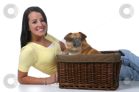 To use this stock image in your creative project, please select the size you need over to the right and click the "Add to Cart" button.
Your downloaded image will come with the Cutcaster watermark removed so don’t worry about the watermark you see on this page. Cute teen with small dog stock photo, Cute teenage girl with small dog in basket by Sue and Shawn Roberts