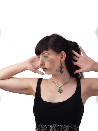 To use this stock image in your creative project, please select the size you need over to the right and click the "Add to Cart" button.
Your downloaded image will come with the Cutcaster watermark removed so don’t worry about the watermark you see on this page. Woman hands on head stock photo, Young woman with black dress earrings and necklace by Jeff Cleveland