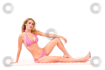 To use this stock image in your creative project, please select the size you need over to the right and click the "Add to Cart" button.
Your downloaded image will come with the Cutcaster watermark removed so don’t worry about the watermark you see on this page. Pink polka dot bikini blond. stock photo, Woman with blond curly hair sitting on the floor wearing a pink polka dot bikini. by Robert Deal