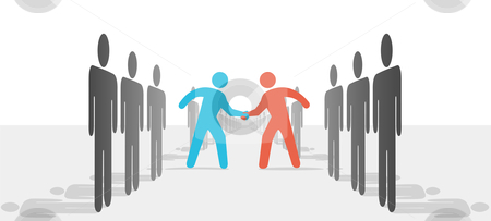 To use this stock image in your creative project, please select the size you need over to the right and click the "Add to Cart" button.
Your downloaded image will come with the Cutcaster watermark removed so don’t worry about the watermark you see on this page. People on Two Sides Agree to Deal Shake Hands stock vector clipart, Two leaders step from sides lines of people or companies to join in a handshake & agree to cooperate. by Michael Brown