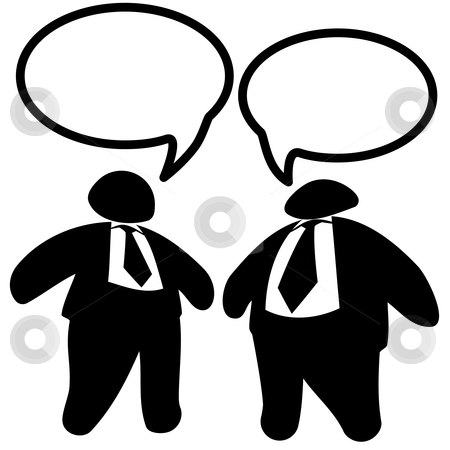 To use this stock image in your creative project, please select the size you need over to the right and click the "Add to Cart" button.
Your downloaded image will come with the Cutcaster watermark removed so don’t worry about the watermark you see on this page. Two Big Fat Business Men Executives in Suits & Ties Talk stock vector clipart, Executives: Two big shot fat-cat business men in suits & ties talk in speech bubbles. by Michael Brown