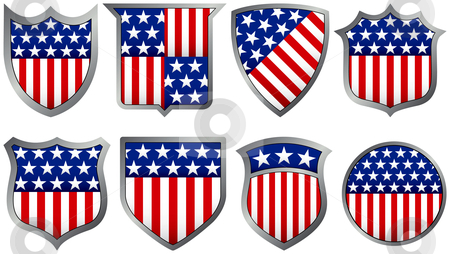 To use this stock image in your creative project, please select the size you need over to the right and click the "Add to Cart" button.
Your downloaded image will come with the Cutcaster watermark removed so don’t worry about the watermark you see on this page. Eight Red White and Blue Shields stock vector clipart, Eight Red White and Blue Shields by Adrian Sawvel