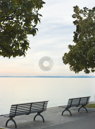 To use this stock image in your creative project, please select the size you need over to the right and click the "Add to Cart" button.
Your downloaded image will come with the Cutcaster watermark removed so don’t worry about the watermark you see on this page. Looking on water stock photo, Pair of bences under magnolia trees against calm lake Garda in the cloudy evening by Natalia Macheda