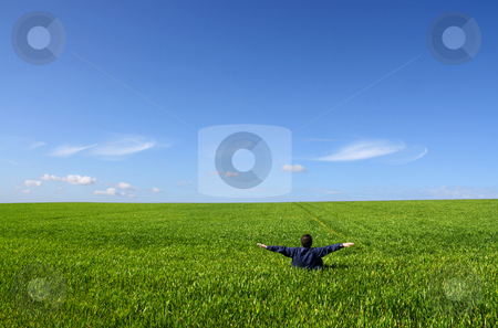 To use this stock image in your creative project, please select the size you need over to the right and click the "Add to Cart" button.
Your downloaded image will come with the Cutcaster watermark removed so don’t worry about the watermark you see on this page. Sanity equilibrium stock photo, A man sitting alone in a green field, with open arms by Tilo
