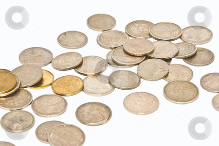 To use this stock image in your creative project, please select the size you need over to the right and click the "Add to Cart" button.
Your downloaded image will come with the Cutcaster watermark removed so don’t worry about the watermark you see on this page. Coins stock photo, A close up of a money spread over white by Ivan Paunovic