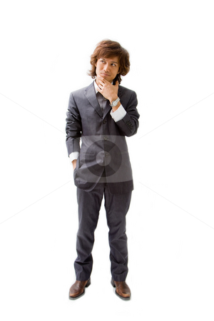 To use this stock image in your creative project, please select the size you need over to the right and click the "Add to Cart" button.
Your downloaded image will come with the Cutcaster watermark removed so don’t worry about the watermark you see on this page. Young Asian business man stock photo, Young Asian business man dressed in a gray pinstripe suit with one hand in pocket and other on chin thinking, isolated by Paul Hakimata