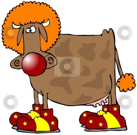 To use this stock image in your creative project, please select the size you need over to the right and click the "Add to Cart" button.
Your downloaded image will come with the Cutcaster watermark removed so don’t worry about the watermark you see on this page. Cow Clown stock photo, This illustration depicts a cow wearing a clowns shoes, wig and nose. by Dennis Cox
