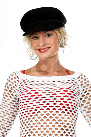To use this stock image in your creative project, please select the size you need over to the right and click the "Add to Cart" button.
Your downloaded image will come with the Cutcaster watermark removed so don’t worry about the watermark you see on this page. Orange County Fashion stock photo, Sexy OC blonde fashion model in a denim skirt, net top and red bra and a sporty black hat.
isolated over white. by Robert Deal