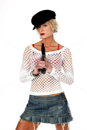 To use this stock image in your creative project, please select the size you need over to the right and click the "Add to Cart" button.
Your downloaded image will come with the Cutcaster watermark removed so don’t worry about the watermark you see on this page. Fashion Diva Gangster stock photo, Sexy OC blonde fashion diva in a denim skirt, net top and red bra with a 45 caliber handgun.
Selective depth of field isolated over white. by Robert Deal