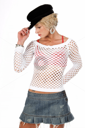 To use this stock image in your creative project, please select the size you need over to the right and click the "Add to Cart" button.
Your downloaded image will come with the Cutcaster watermark removed so don’t worry about the watermark you see on this page. Orange County Fashion stock photo, Sexy OC blonde fashion model in a denim skirt, net top and red bra and a sporty black hat.
isolated over white. by Robert Deal