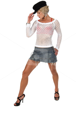 To use this stock image in your creative project, please select the size you need over to the right and click the "Add to Cart" button.
Your downloaded image will come with the Cutcaster watermark removed so don’t worry about the watermark you see on this page. Sexy Dancer stock photo, Sexy young blond in a denim mini skirt, white mesh top and black hat in a classic dancers pose by Robert Deal