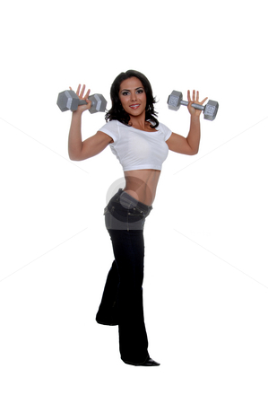 To use this stock image in your creative project, please select the size you need over to the right and click the "Add to Cart" button.
Your downloaded image will come with the Cutcaster watermark removed so don’t worry about the watermark you see on this page. Woman Fitness Trainer stock photo, Young female personal fitness trainer holding15 pound dumbells by Robert Deal