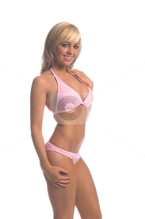 To use this stock image in your creative project, please select the size you need over to the right and click the "Add to Cart" button.
Your downloaded image will come with the Cutcaster watermark removed so don’t worry about the watermark you see on this page. Island Bikini Blonde stock photo, Sexy blond swimwear model in a bink rhinestone embellished bikini right profile with left hand on shoulder by Robert Deal