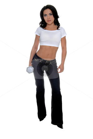 To use this stock image in your creative project, please select the size you need over to the right and click the "Add to Cart" button.
Your downloaded image will come with the Cutcaster watermark removed so don’t worry about the watermark you see on this page. Female fitness Trainer stock photo, Young female personal fitness trainer in designer jeans and a half t-shirt holding a 15 pound dumbell in her right hand by Robert Deal