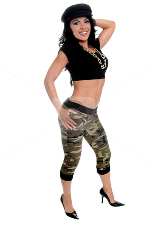 To use this stock image in your creative project, please select the size you need over to the right and click the "Add to Cart" button.
Your downloaded image will come with the Cutcaster watermark removed so don’t worry about the watermark you see on this page. Urban Beauty stock photo, Sexy young latin woman in a black t-shirt, sailior cap, camo pattern pants and a gold log chain for a necklace by Robert Deal
