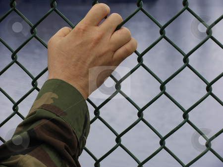 To use this stock image in your creative project, please select the size you need over to the right and click the "Add to Cart" button.
Your downloaded image will come with the Cutcaster watermark removed so don’t worry about the watermark you see on this page. Deployed stock photo, Soldier's hand resting on a fence by Anita Peppers