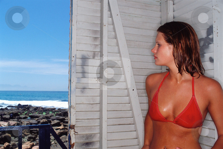To use this stock image in your creative project, please select the size you need over to the right and click the "Add to Cart" button.
Your downloaded image will come with the Cutcaster watermark removed so don’t worry about the watermark you see on this page. MPIXIS528040 stock photo, Woman in red bikini top inside beach hut by Mpixis World