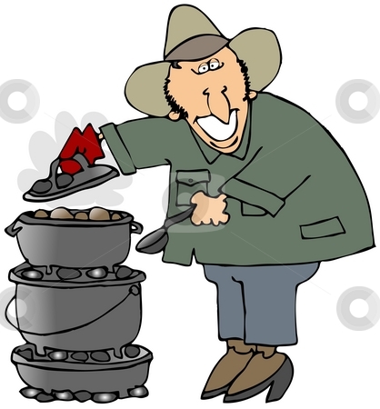 To use this stock image in your creative project, please select the size you need over to the right and click the "Add to Cart" button.
Your downloaded image will come with the Cutcaster watermark removed so don’t worry about the watermark you see on this page. Dutch Oven Cooking stock photo, This illustration depicts a man cooking on three stacked dutch ovens. by Dennis Cox
