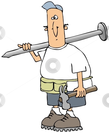 To use this stock image in your creative project, please select the size you need over to the right and click the "Add to Cart" button.
Your downloaded image will come with the Cutcaster watermark removed so don’t worry about the watermark you see on this page. Carpenter Carrying A Giant Nail stock photo, This illustration depicts a carpenter carrying a hammer and a giant nail. by Dennis Cox
