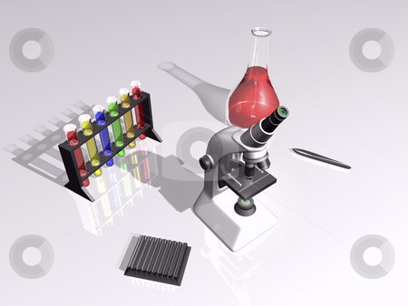 To use this stock image in your creative project, please select the size you need over to the right and click the "Add to Cart" button.
Your downloaded image will come with the Cutcaster watermark removed so don’t worry about the watermark you see on this page. Laboratory scene stock photo, 3D laboratory scene with microscope and test tubes by John Teeter