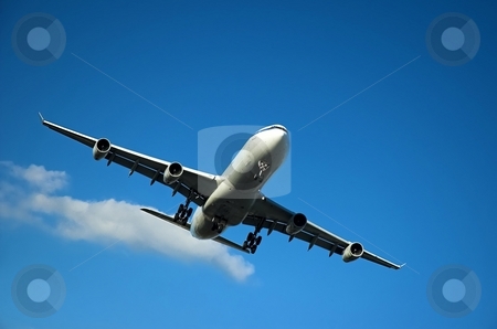 To use this stock image in your creative project, please select the size you need over to the right and click the "Add to Cart" button.
Your downloaded image will come with the Cutcaster watermark removed so don’t worry about the watermark you see on this page. Jumbo jet landing stock photo, Airplane approaching to land during sunny day by Pierre Landry