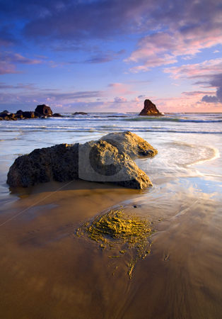 To use this stock image in your creative project, please select the size you need over to the right and click the "Add to Cart" button.
Your downloaded image will come with the Cutcaster watermark removed so don’t worry about the watermark you see on this page. Golden Coast stock photo, A colorful sunset gives the kep on the rocks a golden glow and the moving tides carry the color by Mike Dawson