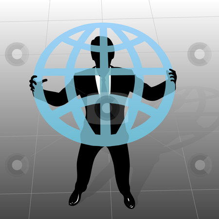 To use this stock image in your creative project, please select the size you need over to the right and click the "Add to Cart" button.
Your downloaded image will come with the Cutcaster watermark removed so don’t worry about the watermark you see on this page. Global business man silhouette holds up globe from above stock vector clipart, Global Business: a businessman silhouette holds up a translucent globe, in a view from above. by Michael Brown