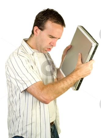 To use this stock image in your creative project, please select the size you need over to the right and click the "Add to Cart" button.
Your downloaded image will come with the Cutcaster watermark removed so don’t worry about the watermark you see on this page. Computer Frustration stock photo, A young man about to smash his laptop into the ground, isolated against a white background by Richard Nelson