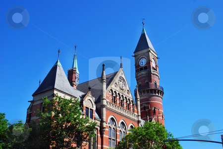 To use this stock image in your creative project, please select the size you need over to the right and click the "Add to Cart" button.
Your downloaded image will come with the Cutcaster watermark removed so don’t worry about the watermark you see on this page. Church in New York City stock photo, Brick church and clock tower in NY over blue sky by Julija Sapic