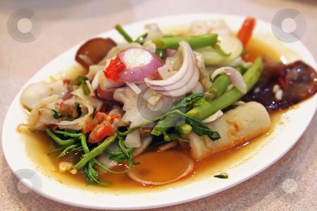 To use this stock image in your creative project, please select the size you need over to the right and click the "Add to Cart" button.
Your downloaded image will come with the Cutcaster watermark removed so don’t worry about the watermark you see on this page. Thai salad stock photo, Thai seafood and vegetable salad white plate by Kheng Guan Toh