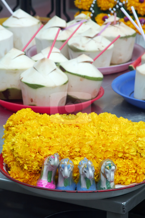 To use this stock image in your creative project, please select the size you need over to the right and click the "Add to Cart" button.
Your downloaded image will come with the Cutcaster watermark removed so don’t worry about the watermark you see on this page. Thai buddhist offerings stock photo, Shrine offerings of flowers and coconuts in a Thai Buddhist temple by Kheng Guan Toh