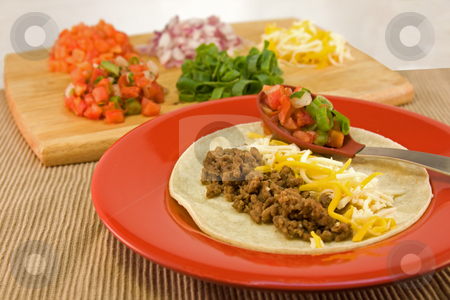 To use this stock image in your creative project, please select the size you need over to the right and click the "Add to Cart" button.
Your downloaded image will come with the Cutcaster watermark removed so don’t worry about the watermark you see on this page. Mexican soft taco stock photo, Filling a flour tortilla with ground beef, cheese, and pico de Gallo by Lee Barnwell