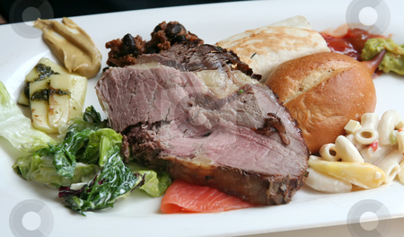 To use this stock image in your creative project, please select the size you need over to the right and click the "Add to Cart" button.
Your downloaded image will come with the Cutcaster watermark removed so don’t worry about the watermark you see on this page. Roast beef stock photo, Roast beef with garnishing on white plate by Kheng Guan Toh