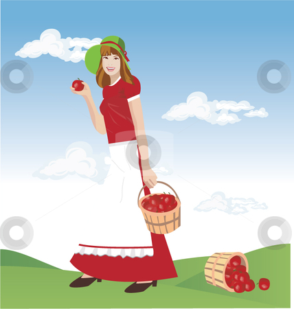 To use this stock image in your creative project, please select the size you need over to the right and click the "Add to Cart" button.
Your downloaded image will come with the Cutcaster watermark removed so don’t worry about the watermark you see on this page. Illustration of a girl holding an apple basket stock vector clipart, by R. B.