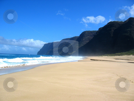 To use this stock image in your creative project, please select the size you need over to the right and click the "Add to Cart" button.
Your downloaded image will come with the Cutcaster watermark removed so don’t worry about the watermark you see on this page. Kaui Surf and Sand stock photo, Polihale State Park, Kauai, Hawaii February 2004 by Thomas Marchessault